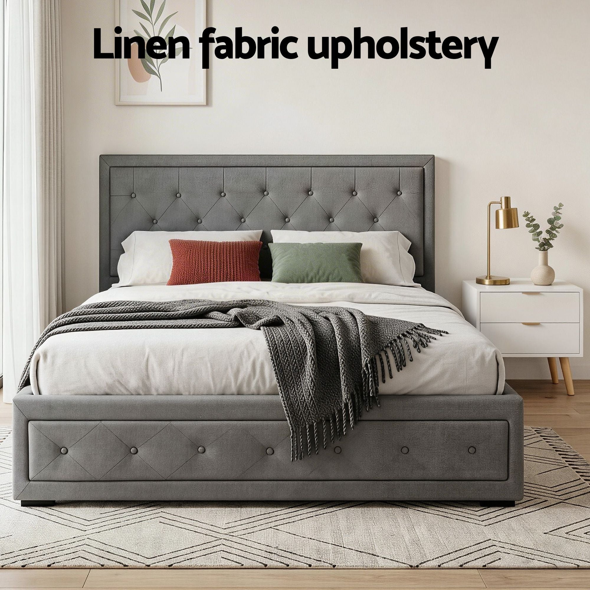 Artiss Upholstered Queen Gas Lift Storage Bed Frame with 2-Drawer Bedside Table Set