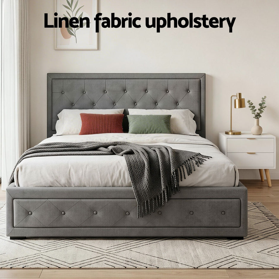 Artiss Upholstered Queen Gas Lift Storage Bed Frame with 2-Drawer Bedside Table Set