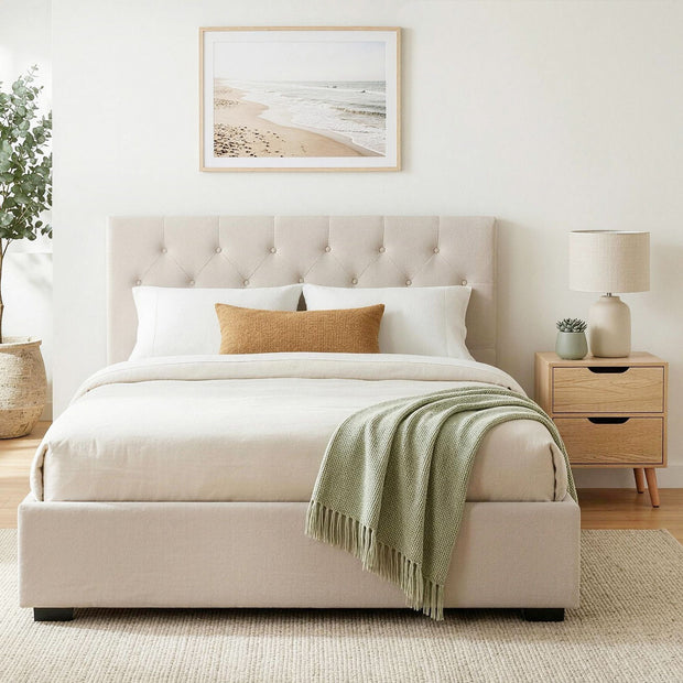Artiss Double Bed Frame with Storage and Bedside Table Set Tufted Linen Gas Lift Bed Base and 2-Drawer Nightstand