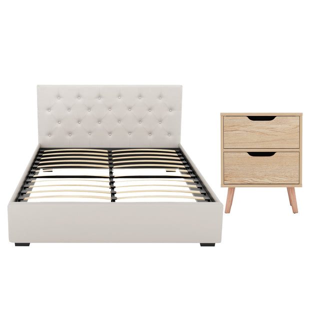Artiss Double Bed Frame with Storage and Bedside Table Set Tufted Linen Gas Lift Bed Base and 2-Drawer Nightstand