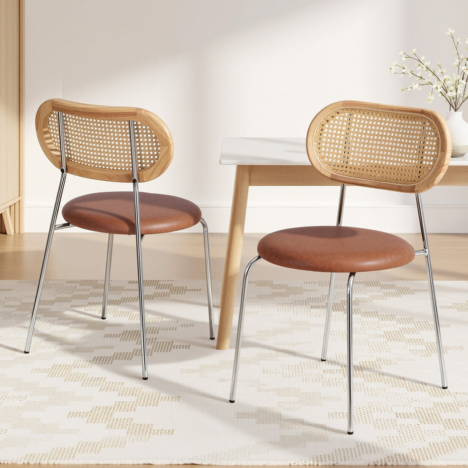 Artiss 2x Dining Chairs PU Leather Rattan Kitchen Lounge Cafe Accent Chair Brown