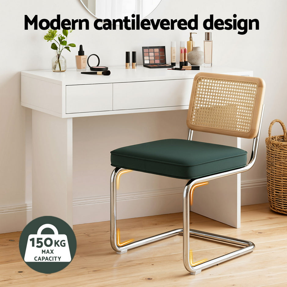 Artiss Dining Chairs Set of 2 Velvet Rattan Cantilever Green