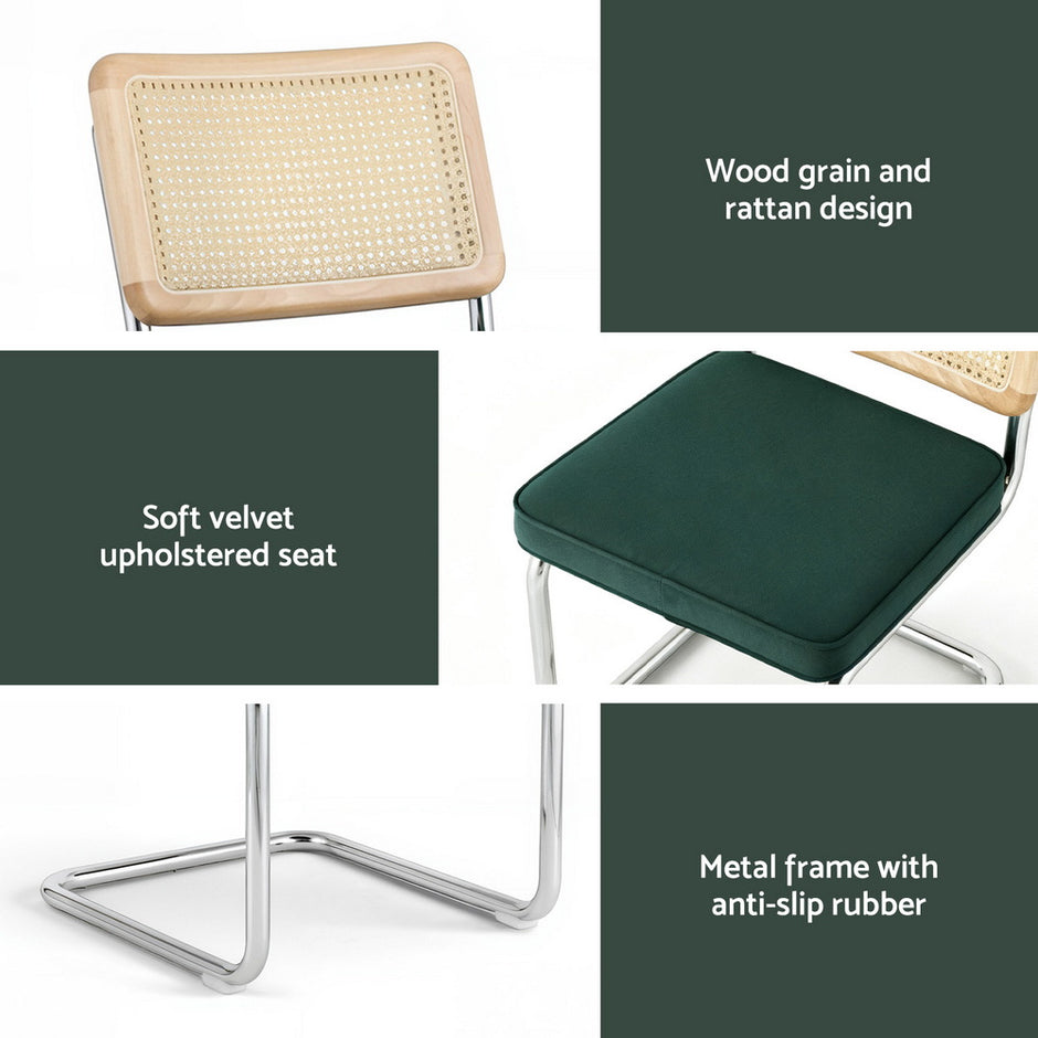 Artiss Dining Chairs Set of 2 Velvet Rattan Cantilever Green