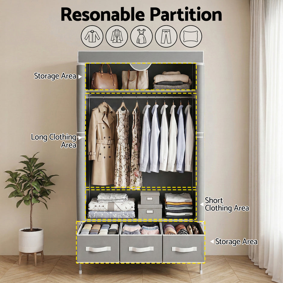 Artiss Large Portable Clothes Closet Wardrobe with Tiebacks Grey