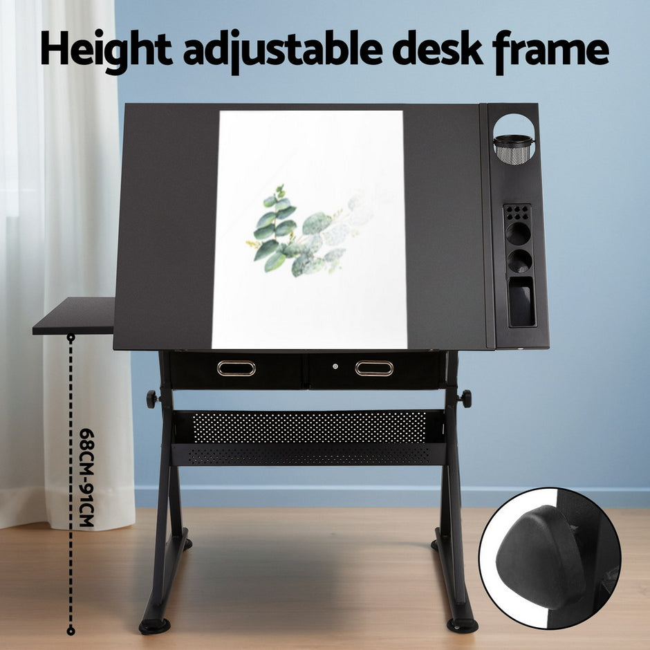 Artiss Drawing Desk Stool Set Drafting Table Adjustable Angle Tilt Drawers Black
