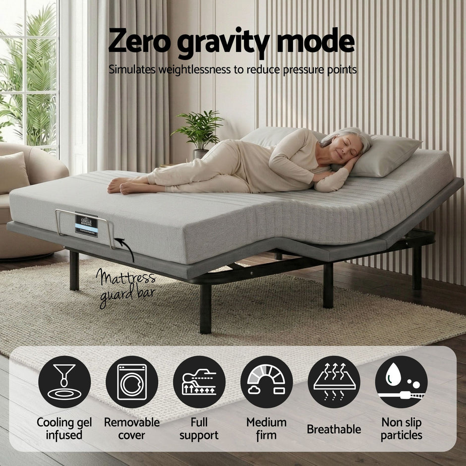 Artiss Double Bed Frame and Giselle Bedding Double Memory Foam Mattress Set, Electric Bed Base with Zero Gravity & 7 Zone Cooling Comfort for Back Pain Relief, Black & Grey,15cm Thickness