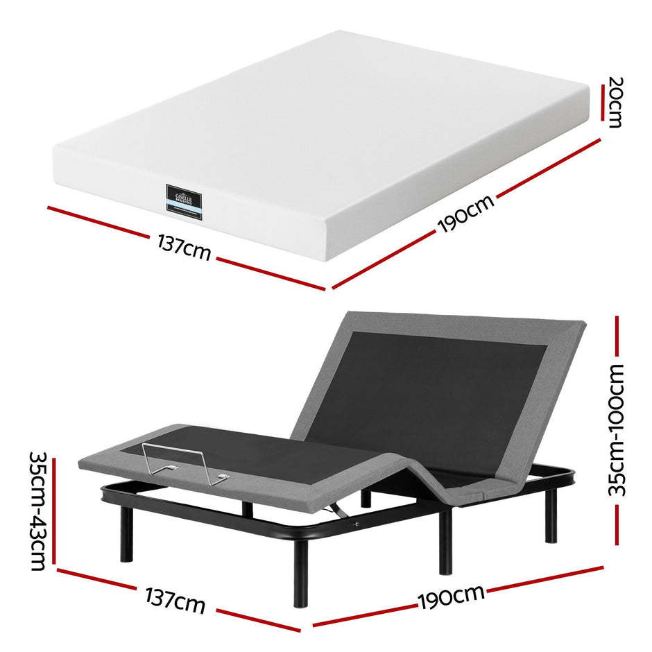 Artiss Double size bed frame & Giselle Bedding Double Mattress Combo, adjustable bed Base for Snoring Relief, Independent Head Foot Incline, Wireless Remote, Black,20cm Thickness