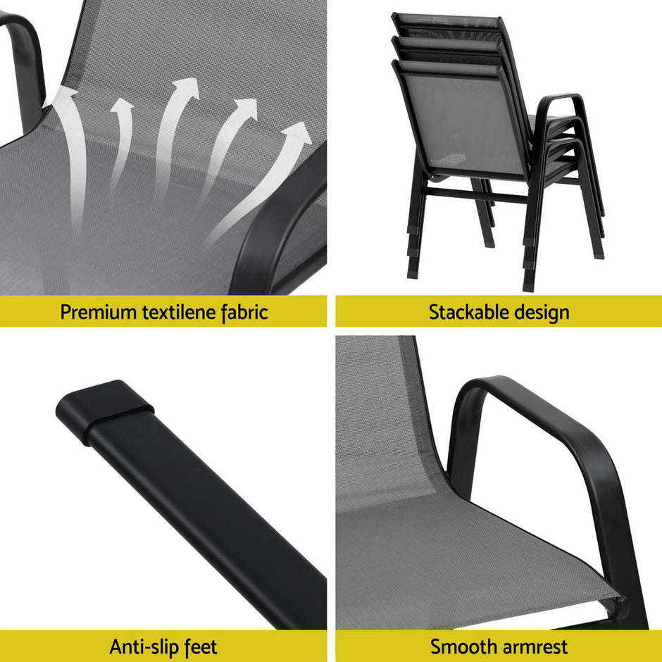 Gardeon 4PC Outdoor Dining Chairs Stackable Lounge Chair Patio Furniture Grey