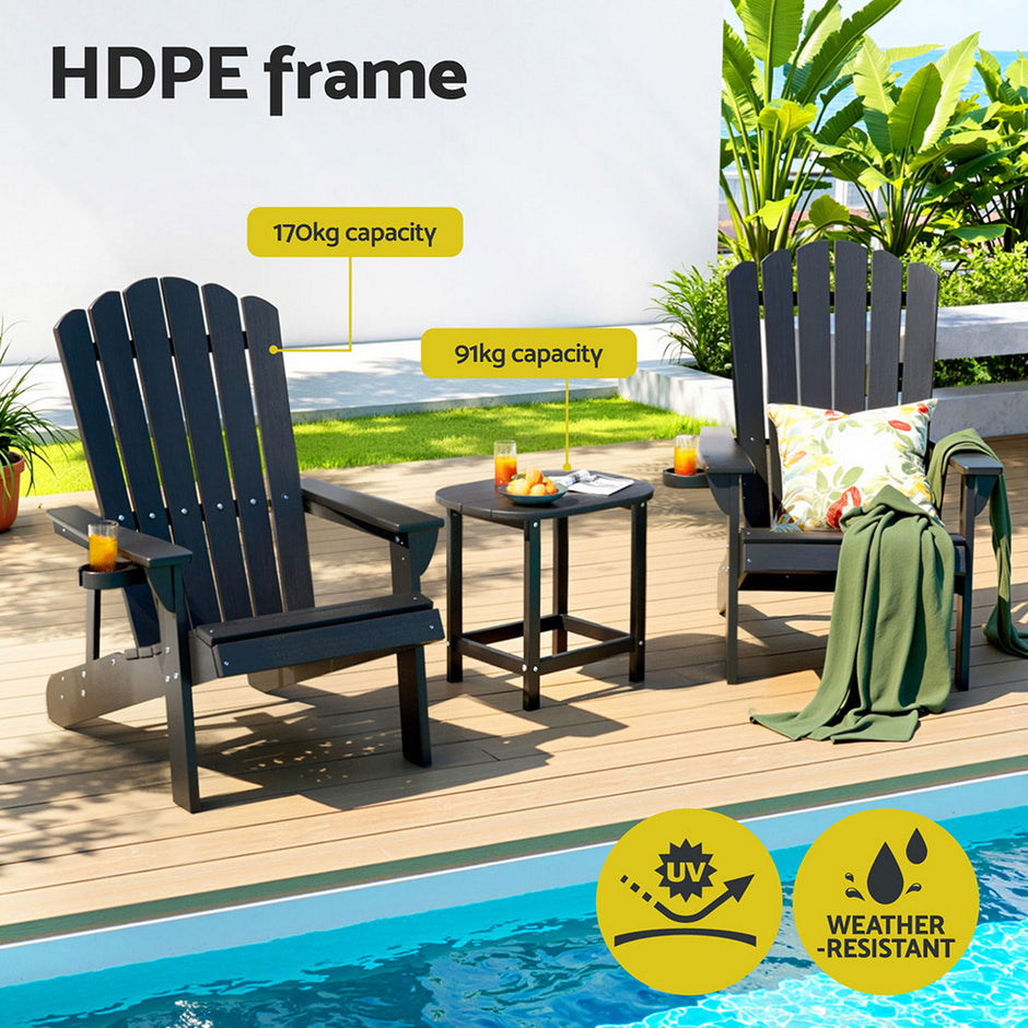 Gardeon Outdoor Table and Chairs HDPE Adirondack Beach Chair Sun Lounge Patio Furniture Garden Black