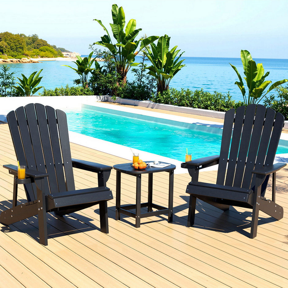 Gardeon Outdoor Table and Chairs HDPE Adirondack Beach Chair Sun Lounge Patio Furniture Garden Black