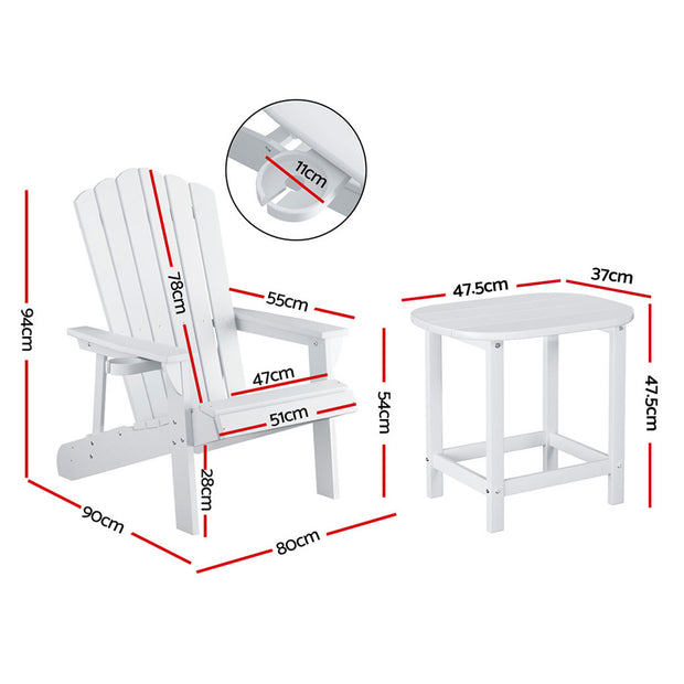 Gardeon Outdoor Table and Chairs HDPE Adirondack Beach Chair Sun Lounge Patio Furniture Garden White