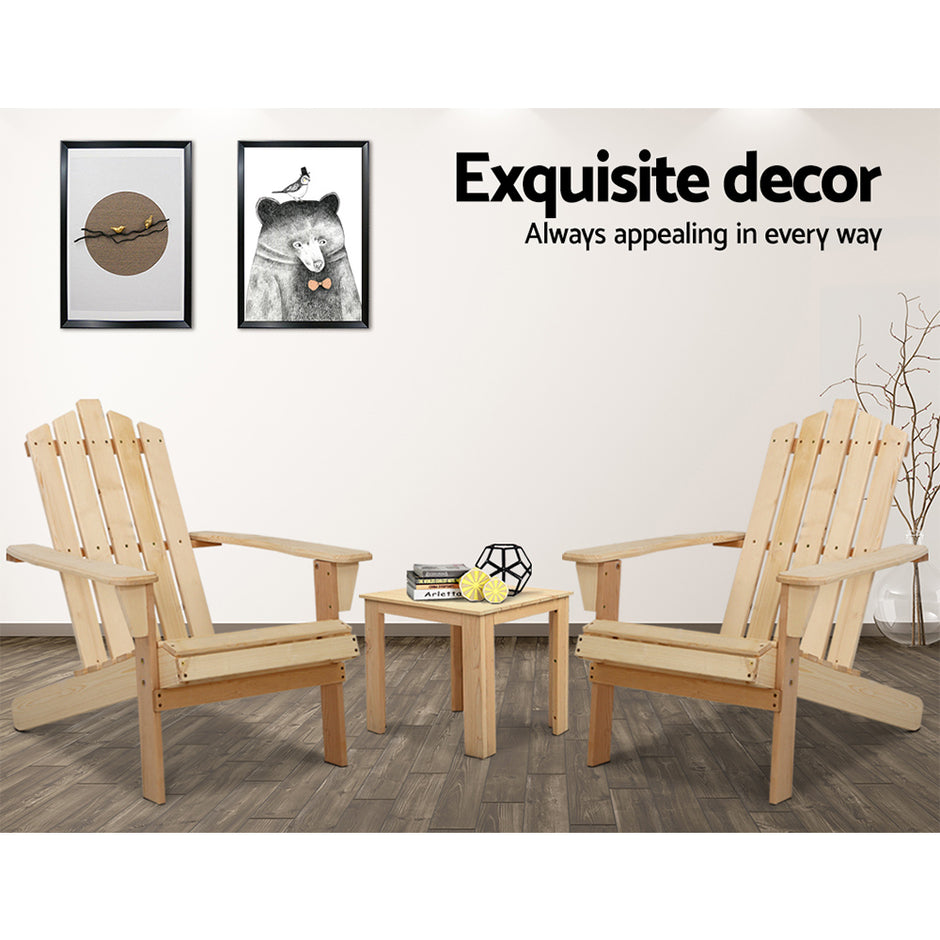 Gardeon 3PC Adirondack Outdoor Table and Chairs Wooden Beach Chair Natural