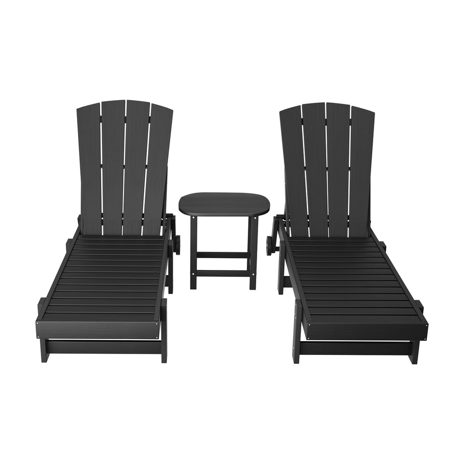 Gardeon Sun Lounge Lounger Table and Chairs Beach Chair HDPE Patio Outdoor Furniture Wheels Black