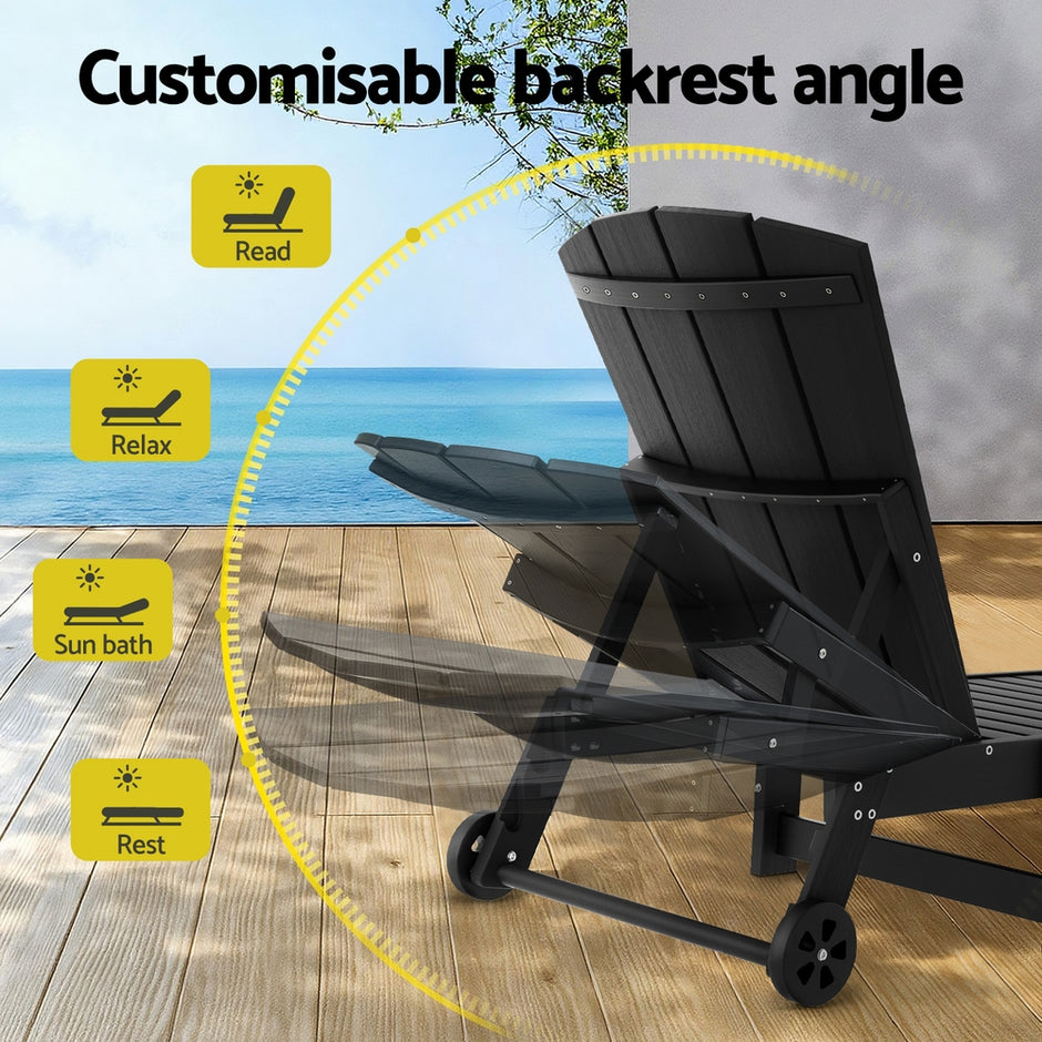 Gardeon Sun Lounge Lounger Table and Chairs Beach Chair HDPE Patio Outdoor Furniture Wheels Black