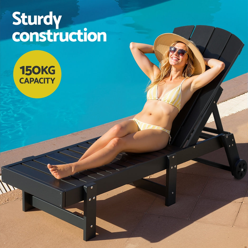 Gardeon Sun Lounge Lounger Table and Chairs Beach Chair HDPE Patio Outdoor Furniture Wheels Black