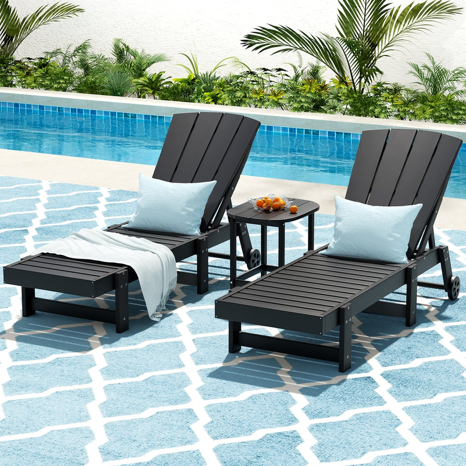 Gardeon Sun Lounge Lounger Table and Chairs Beach Chair HDPE Patio Outdoor Furniture Wheels Black