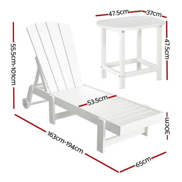 Gardeon Sun Lounge Lounger Table and Chairs Beach Chair Adirondack HDPE Patio Outdoor Furniture Wheels White