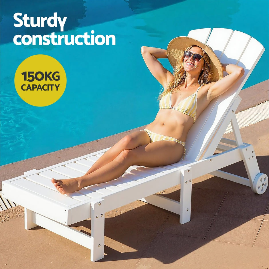 Gardeon Sun Lounge Lounger Table and Chairs Beach Chair Adirondack HDPE Patio Outdoor Furniture Wheels White