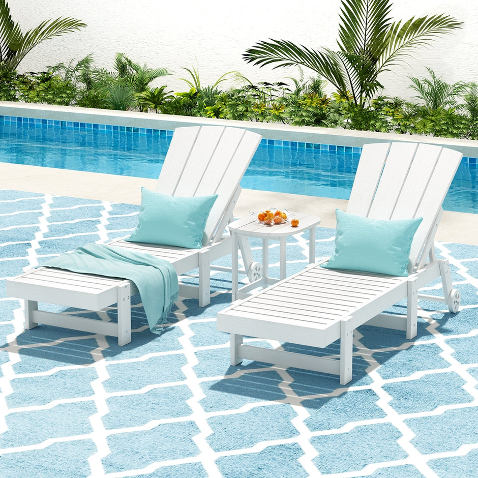 Gardeon Sun Lounge Lounger Table and Chairs Beach Chair Adirondack HDPE Patio Outdoor Furniture Wheels White