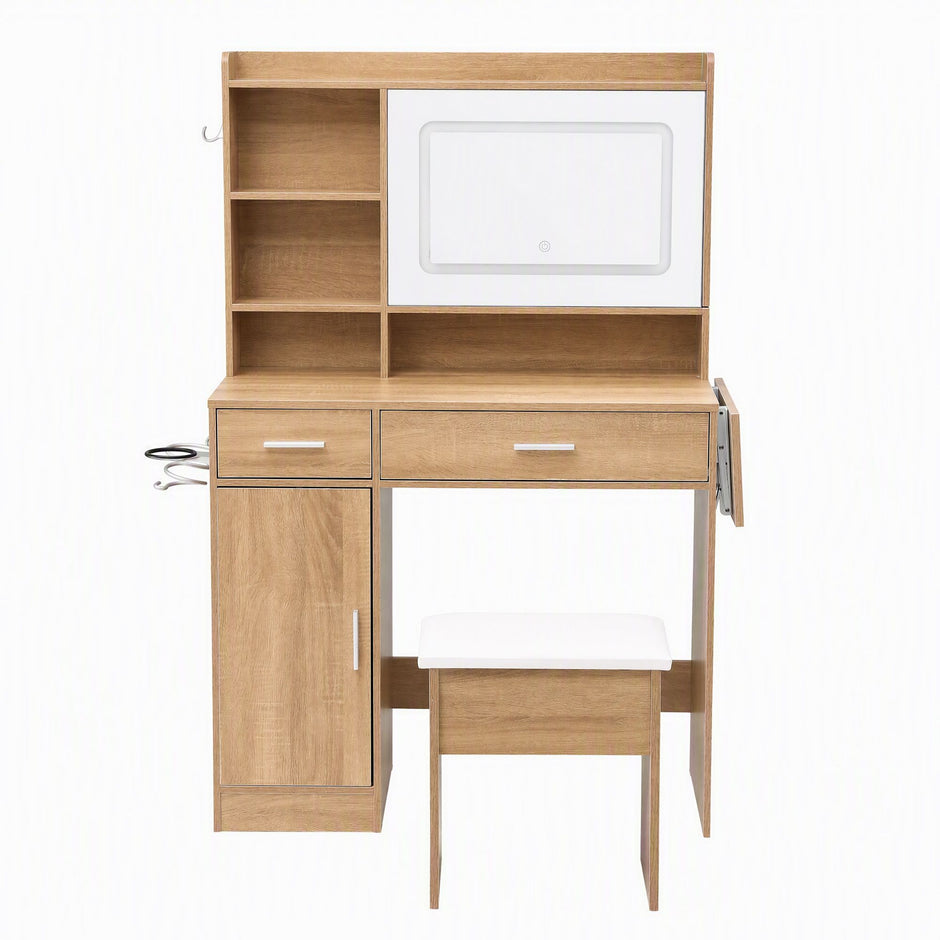 Artiss Dressing Table Vanity Desk Set Stool LED Charging Station Wood