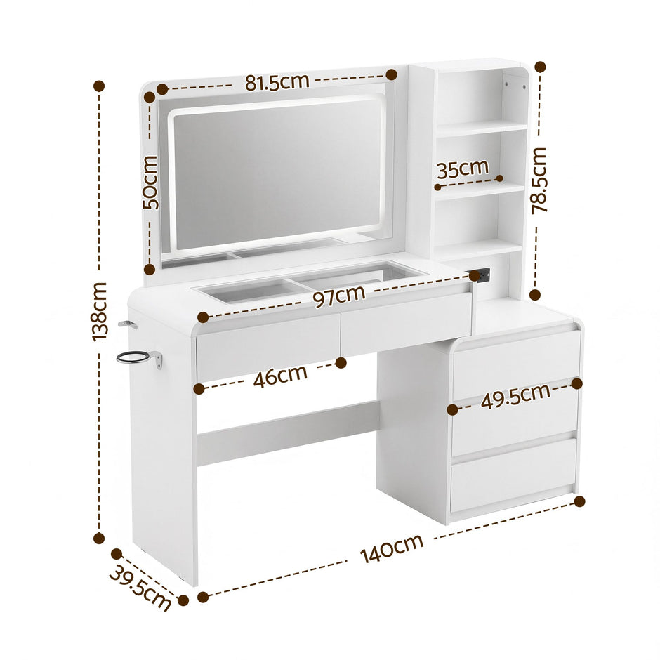 Artiss Dressing Table Makeup Vanity Desk LED Mirror Drawers Charging Station Curved Edge White