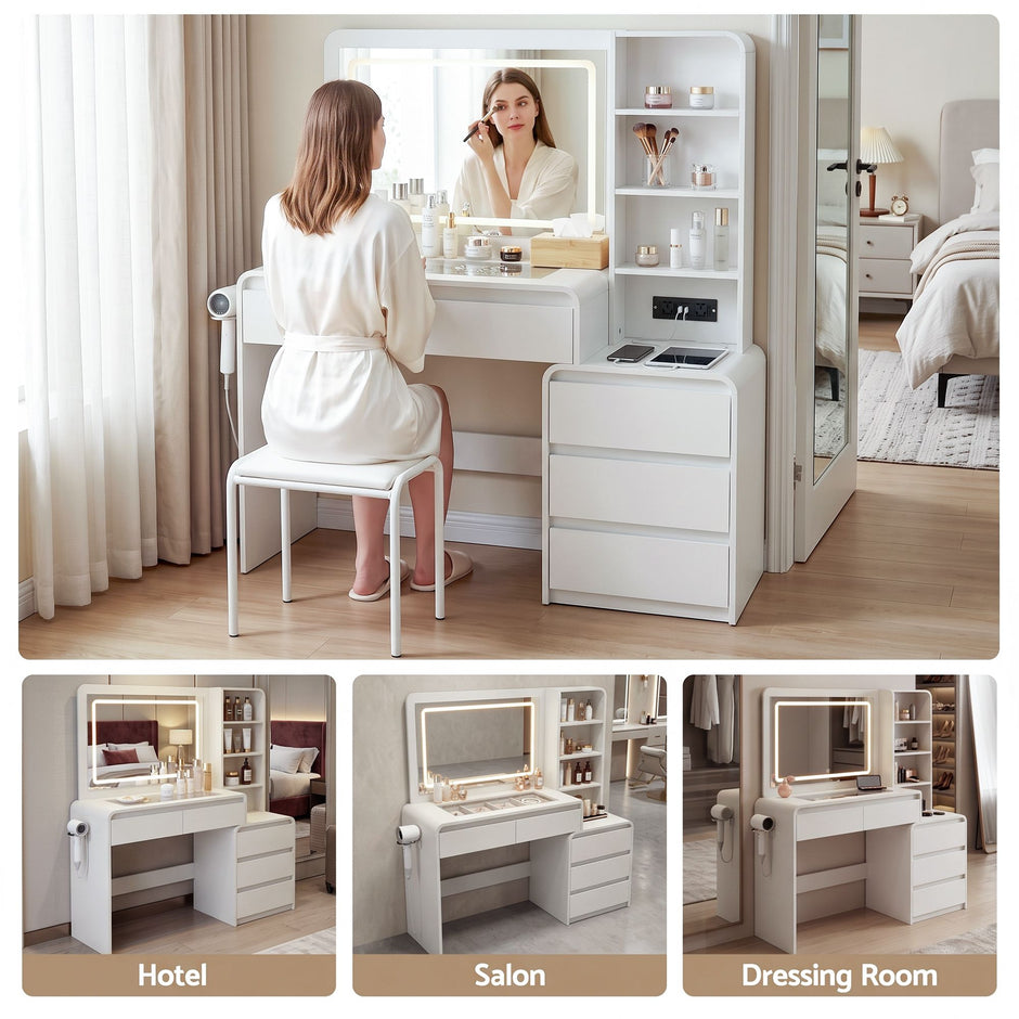 Artiss Dressing Table Makeup Vanity Desk LED Mirror Drawers Charging Station Curved Edge White