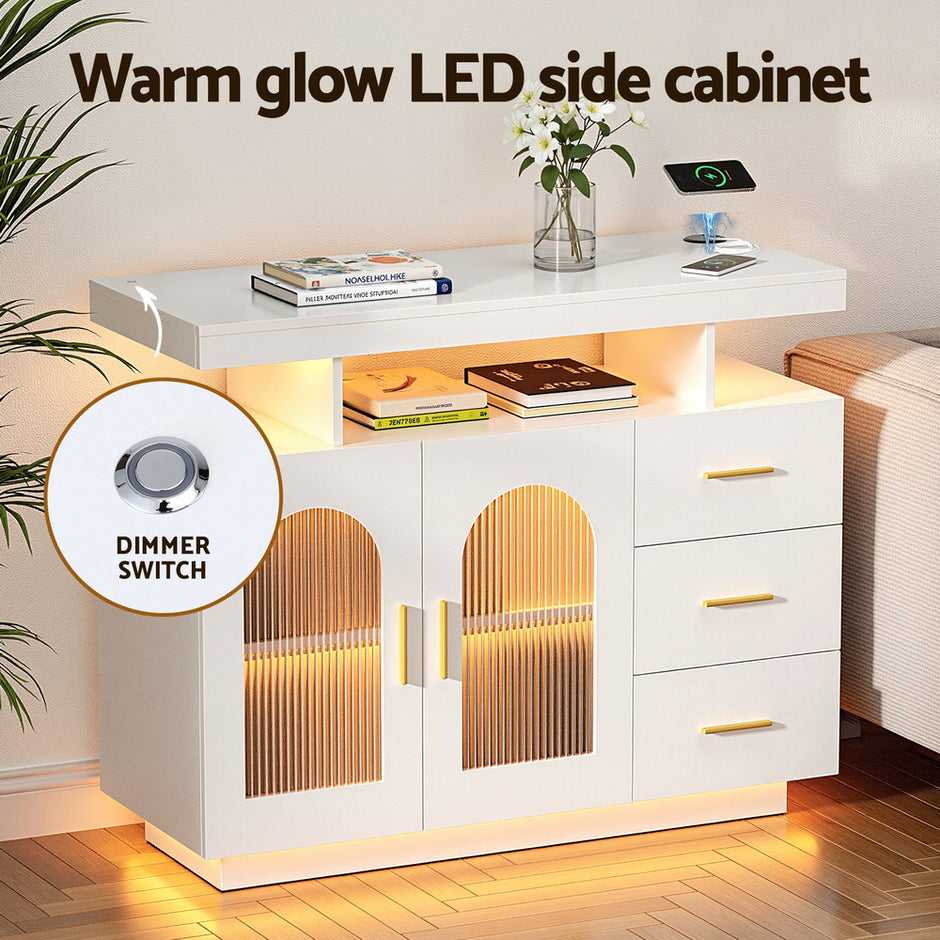 Artiss Buffet Sideboard Cabinet LED Clear Door Kitchen Storage Drawers White