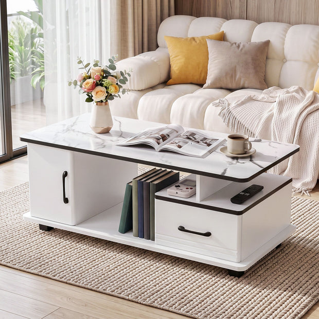 Artiss Coffee Table Marble Finish Center Table with Storage Drawer Cabinet Wood White