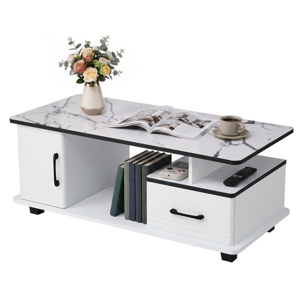 Artiss Coffee Table Marble Finish Center Table with Storage Drawer Cabinet Wood White