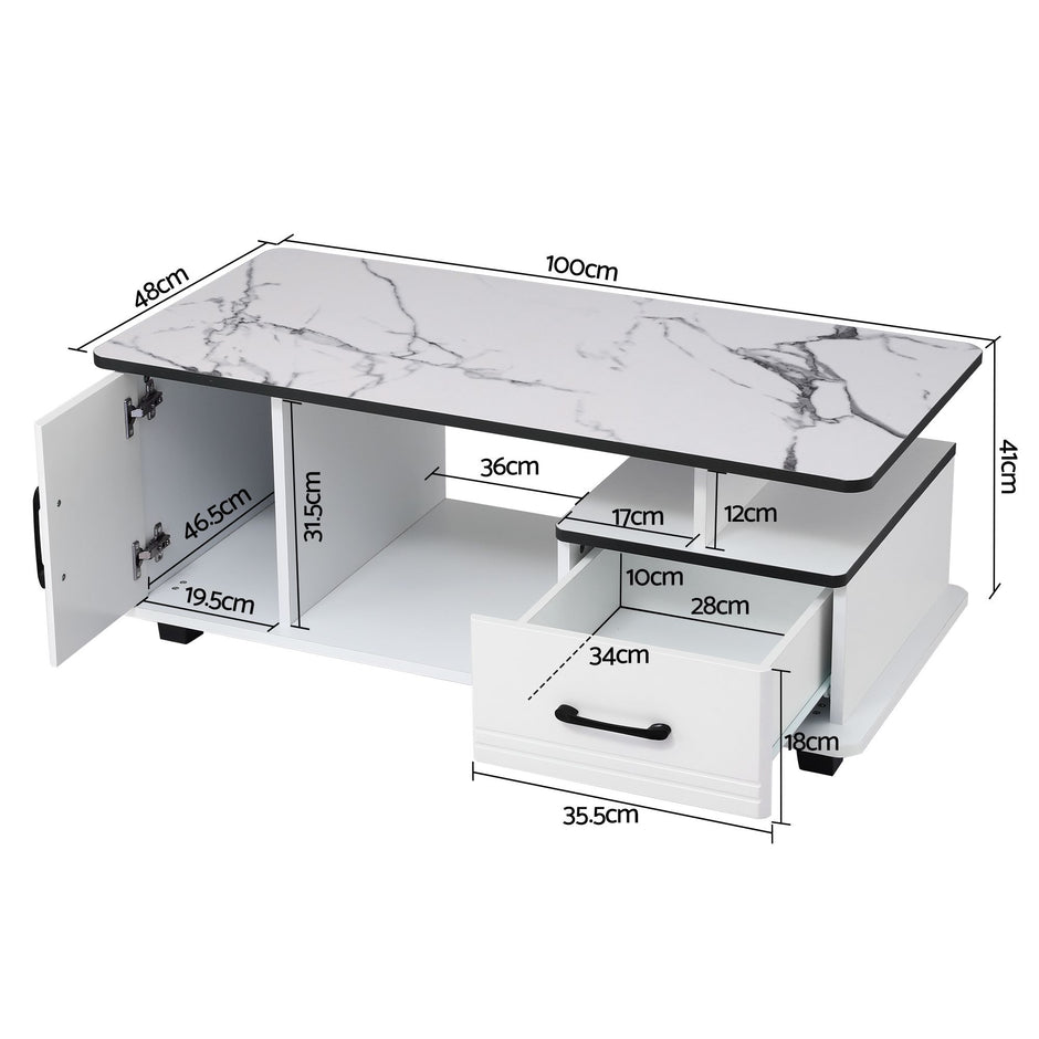 Artiss Coffee Table Marble Finish Center Table with Storage Drawer Cabinet Wood White