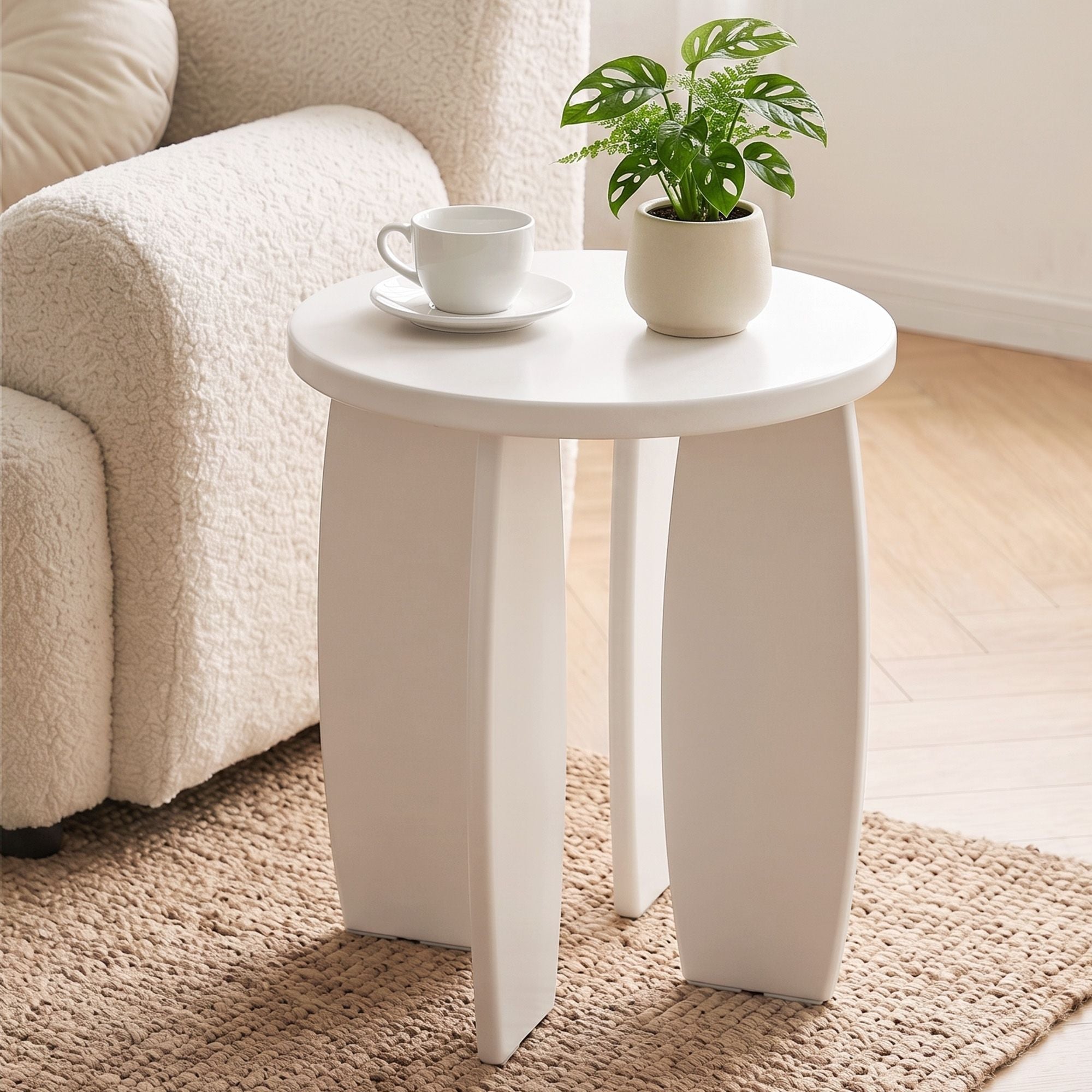 Artiss Round End Table High-Gloss Small Coffee Table Side Bedside Nightstand 40x45cm Cream white