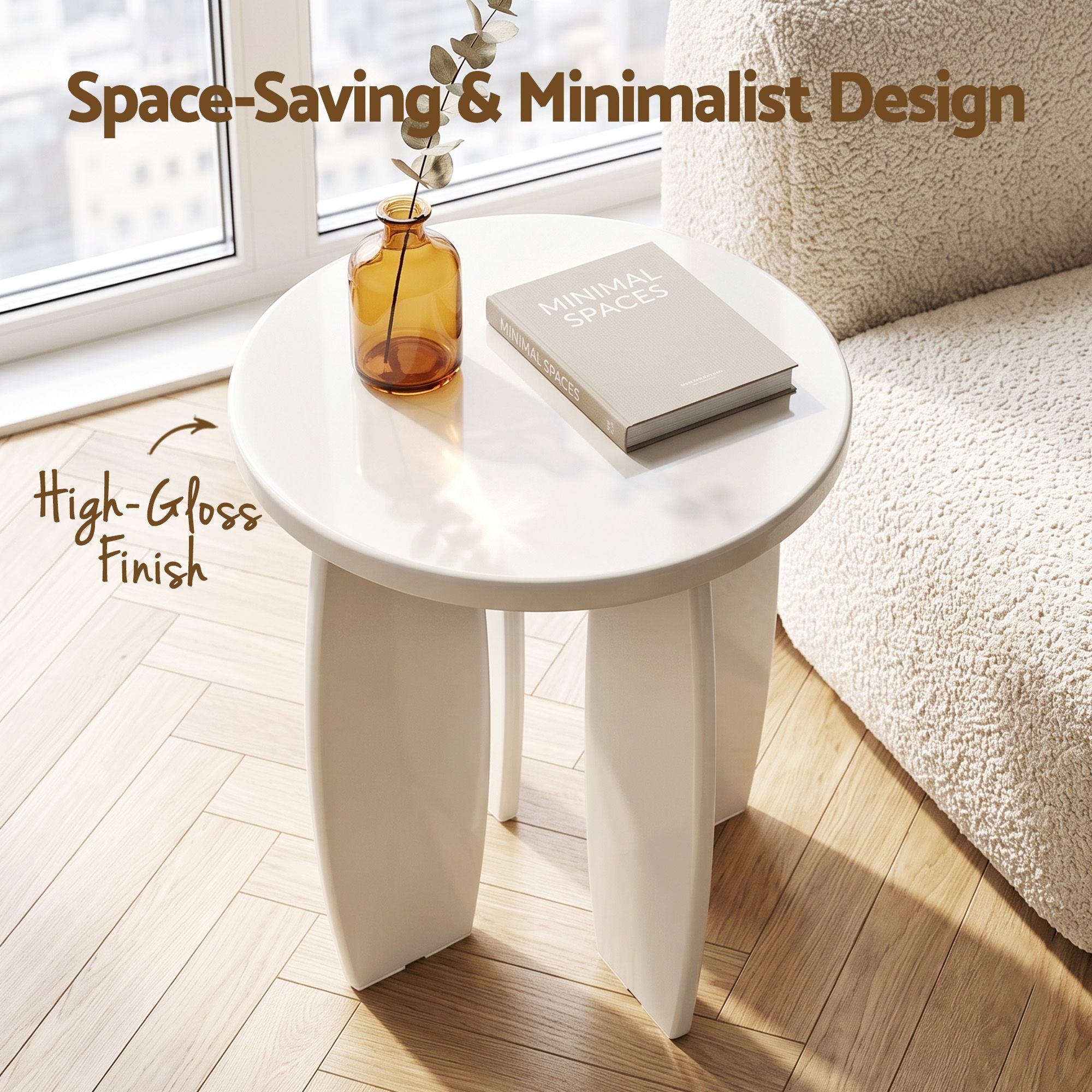 Artiss Round End Table High-Gloss Small Coffee Table Side Bedside Nightstand 40x45cm Cream white