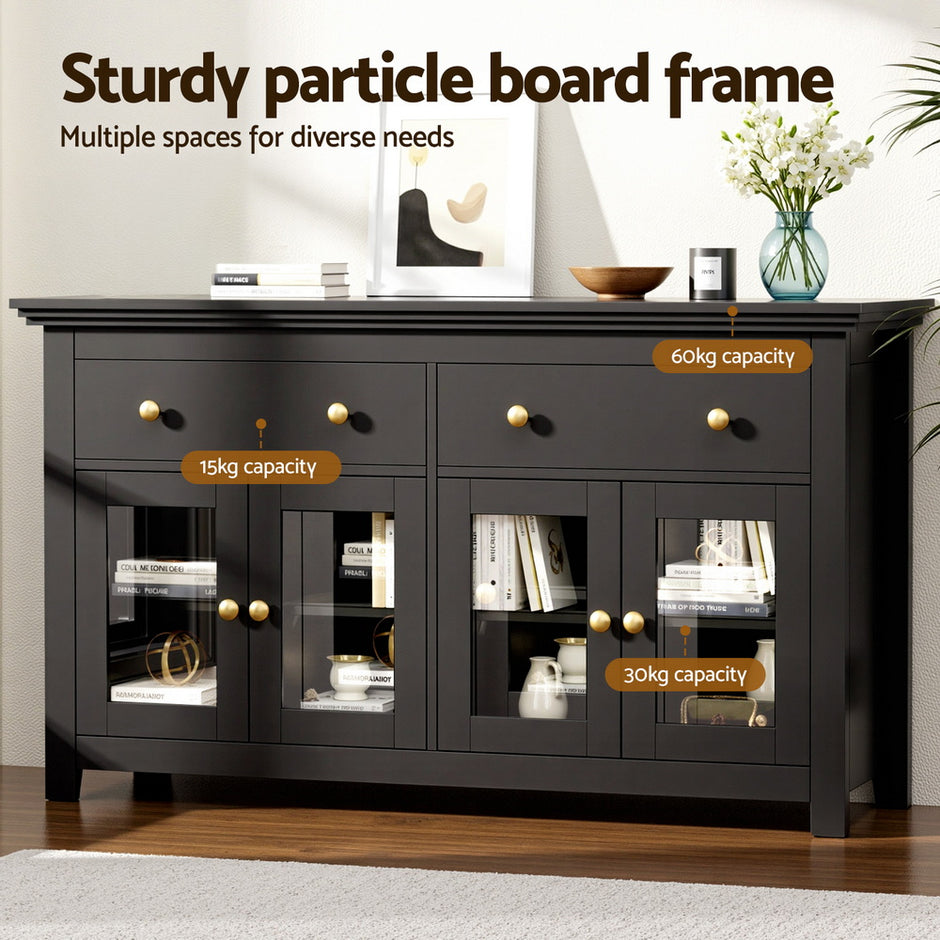 Artiss Buffet Sideboard Storage Cabinet Kitchen Cupboard Clear Door Drawer Black