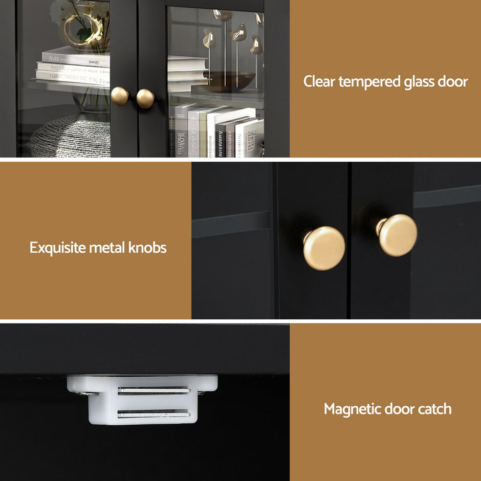 Artiss Buffet Sideboard Storage Cabinet Kitchen Cupboard Clear Door Drawer Black
