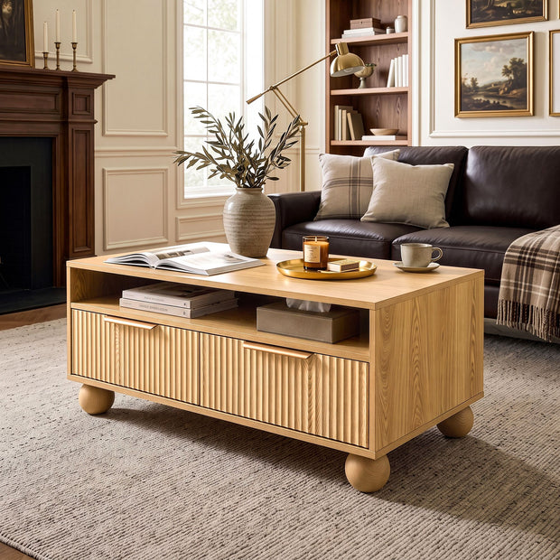 Artiss Coffee Table 90cm Center Table Fluted Drawers Open Shelf Spherical Solid Legs Wood