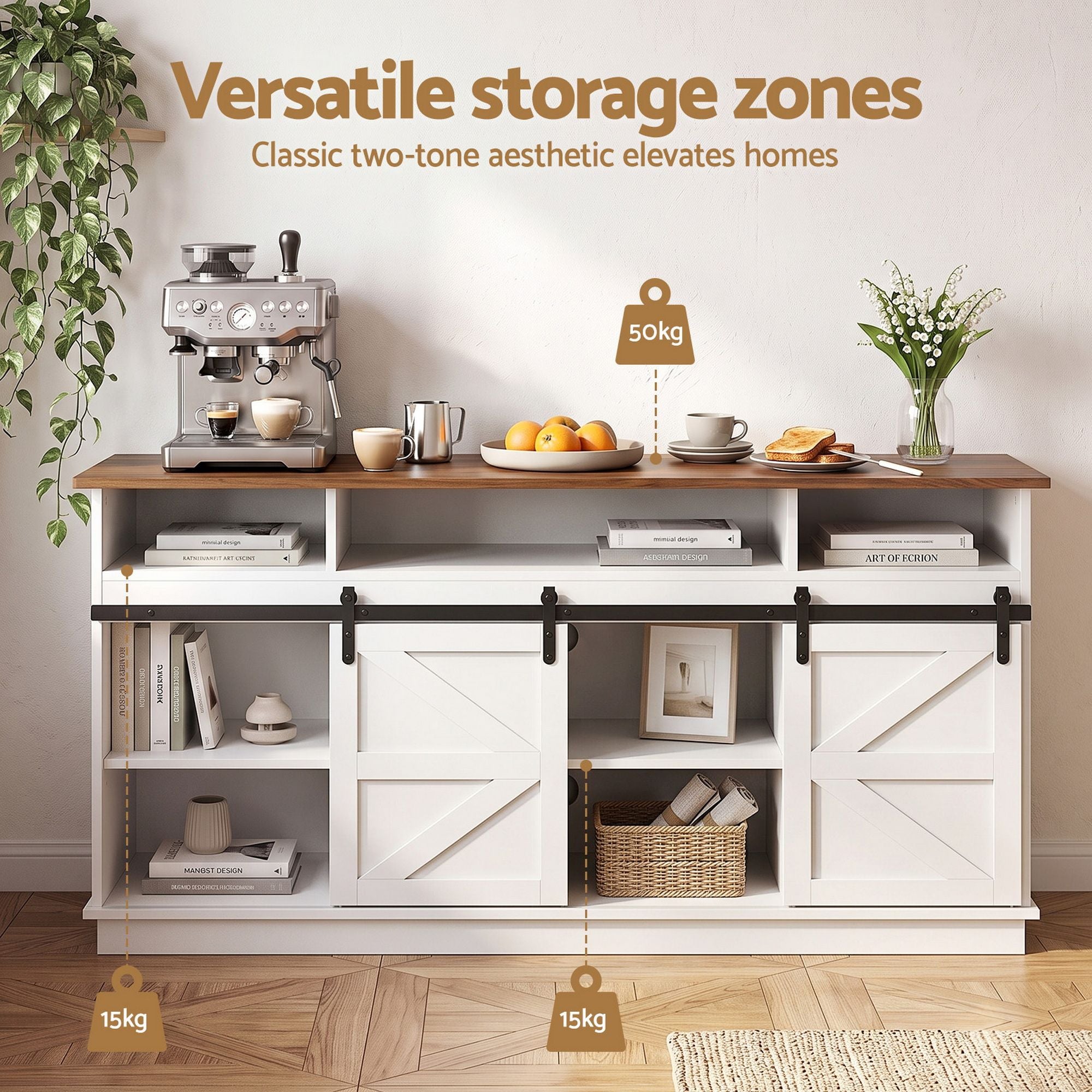 Artiss Buffet Sideboard Cabinet 150cm 3-Tier Kitchen Storage Sliding Doors White