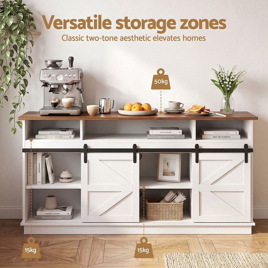 Artiss Buffet Sideboard Cabinet 150cm 3-Tier Kitchen Storage Sliding Doors White