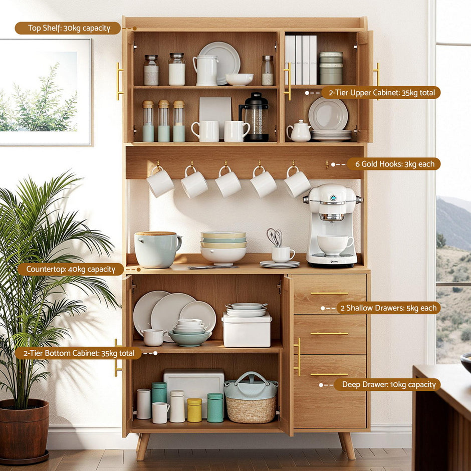 Artiss Buffet Sideboard Hutch Storage Cabinet Kitchen Cupboard Hooks Rattan Pine