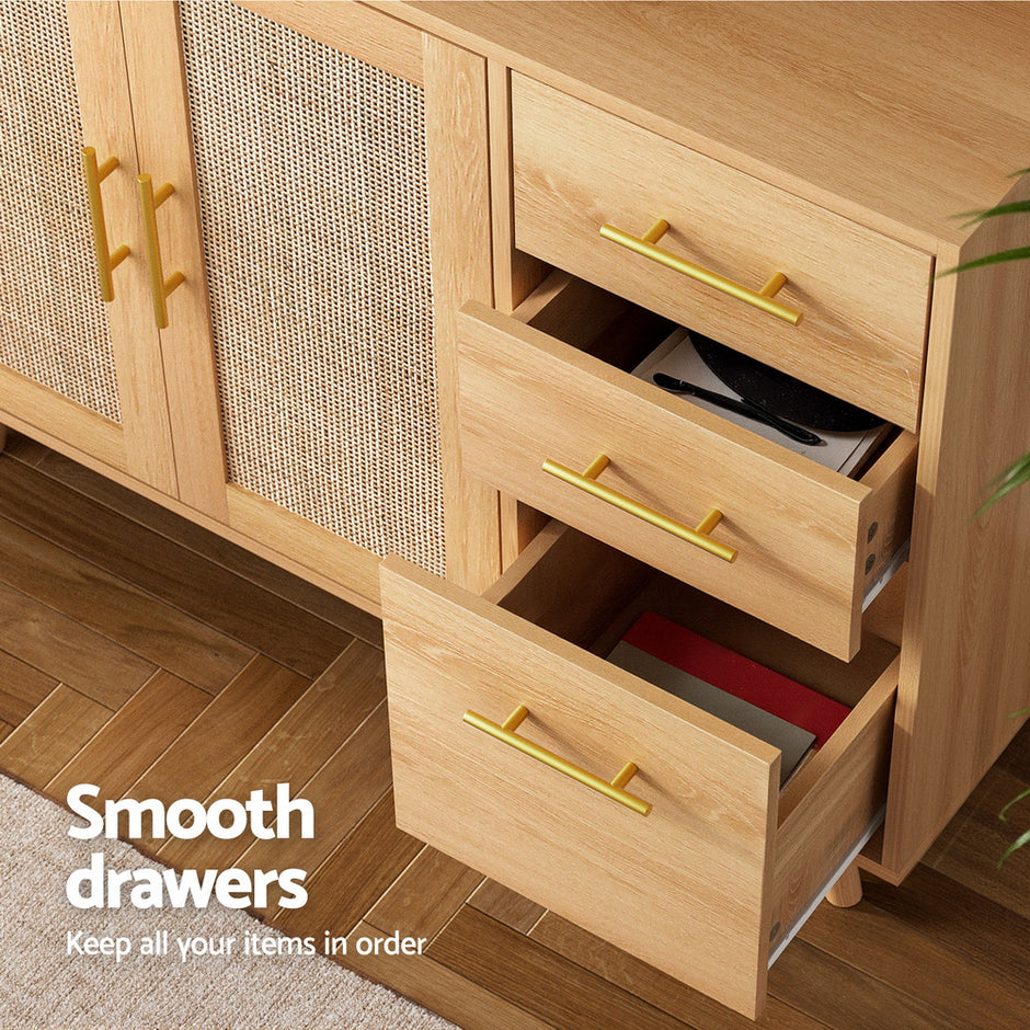 Artiss Buffet Sideboard Hutch Storage Cabinet Kitchen Cupboard Hooks Rattan Pine