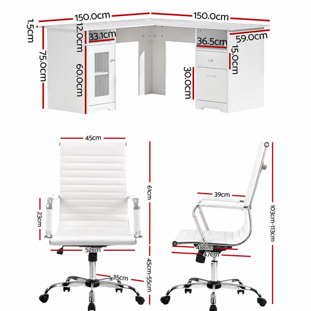 Artiss Office Desk and Chair Set L Shape Computer Desk 150cm with Storage Cabinet & Drawers, Ergonomic PU Leather Office Chair, White Home Office Furniture