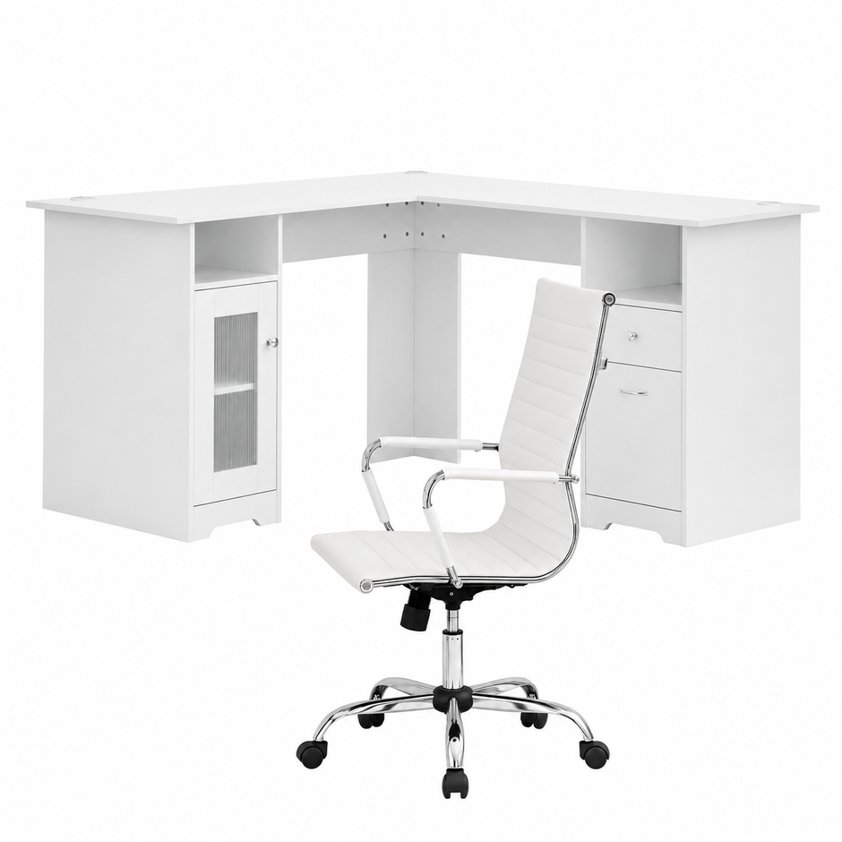 Artiss Office Desk and Chair Set L Shape Computer Desk 150cm with Storage Cabinet & Drawers, Ergonomic PU Leather Office Chair, White Home Office Furniture