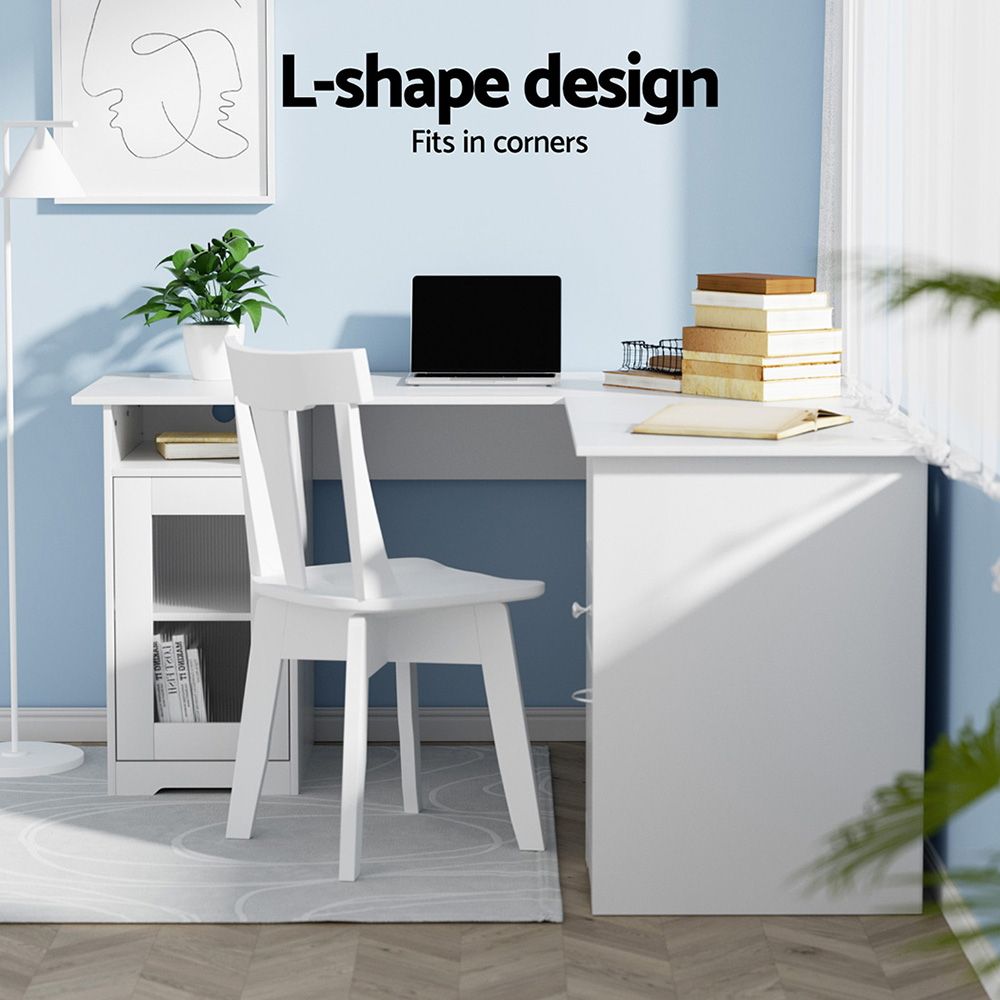 Artiss Office Desk and Chair Set L Shape Computer Desk 150cm with Storage Cabinet & Drawers, Ergonomic PU Leather Office Chair, White Home Office Furniture