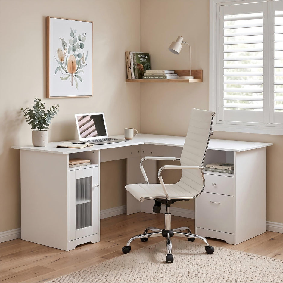 Artiss Office Desk and Chair Set L Shape Computer Desk 150cm with Storage Cabinet & Drawers, Ergonomic PU Leather Office Chair, White Home Office Furniture