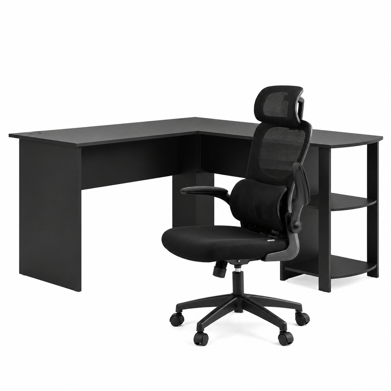 Artiss Office Desk and Chair Set L Shaped Computer Desk 136cm with 2 Tier Storage Shelves, Ergonomic Mesh Office Chair with Adjustable Headrest, Flip-Up Armrests & Lumbar Support