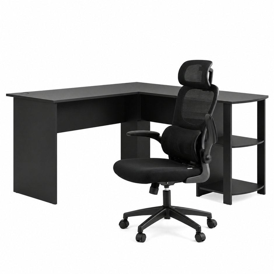 Artiss Office Desk and Chair Set L Shaped Computer Desk 136cm with 2 Tier Storage Shelves, Ergonomic Mesh Office Chair with Adjustable Headrest, Flip-Up Armrests & Lumbar Support