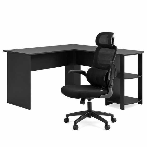 Artiss Office Desk and Chair Set L Shaped Computer Desk 136cm with 2 Tier Storage Shelves, Ergonomic Mesh Office Chair with Adjustable Headrest, Flip-Up Armrests & Lumbar Support