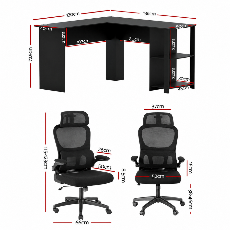Artiss Office Desk and Chair Set L Shaped Computer Desk 136cm with 2 Tier Storage Shelves, Ergonomic Mesh Office Chair with Adjustable Headrest, Flip-Up Armrests & Lumbar Support