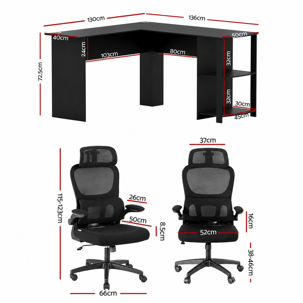 Artiss Office Desk and Chair Set L Shaped Computer Desk 136cm with 2 Tier Storage Shelves, Ergonomic Mesh Office Chair with Adjustable Headrest, Flip-Up Armrests & Lumbar Support