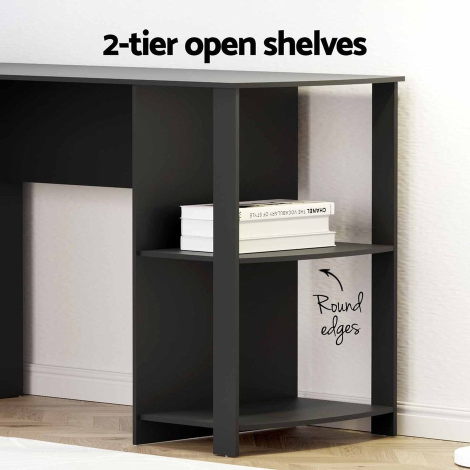 Artiss Office Desk and Chair Set L Shaped Computer Desk 136cm with 2 Tier Storage Shelves, Ergonomic Mesh Office Chair with Adjustable Headrest, Flip-Up Armrests & Lumbar Support