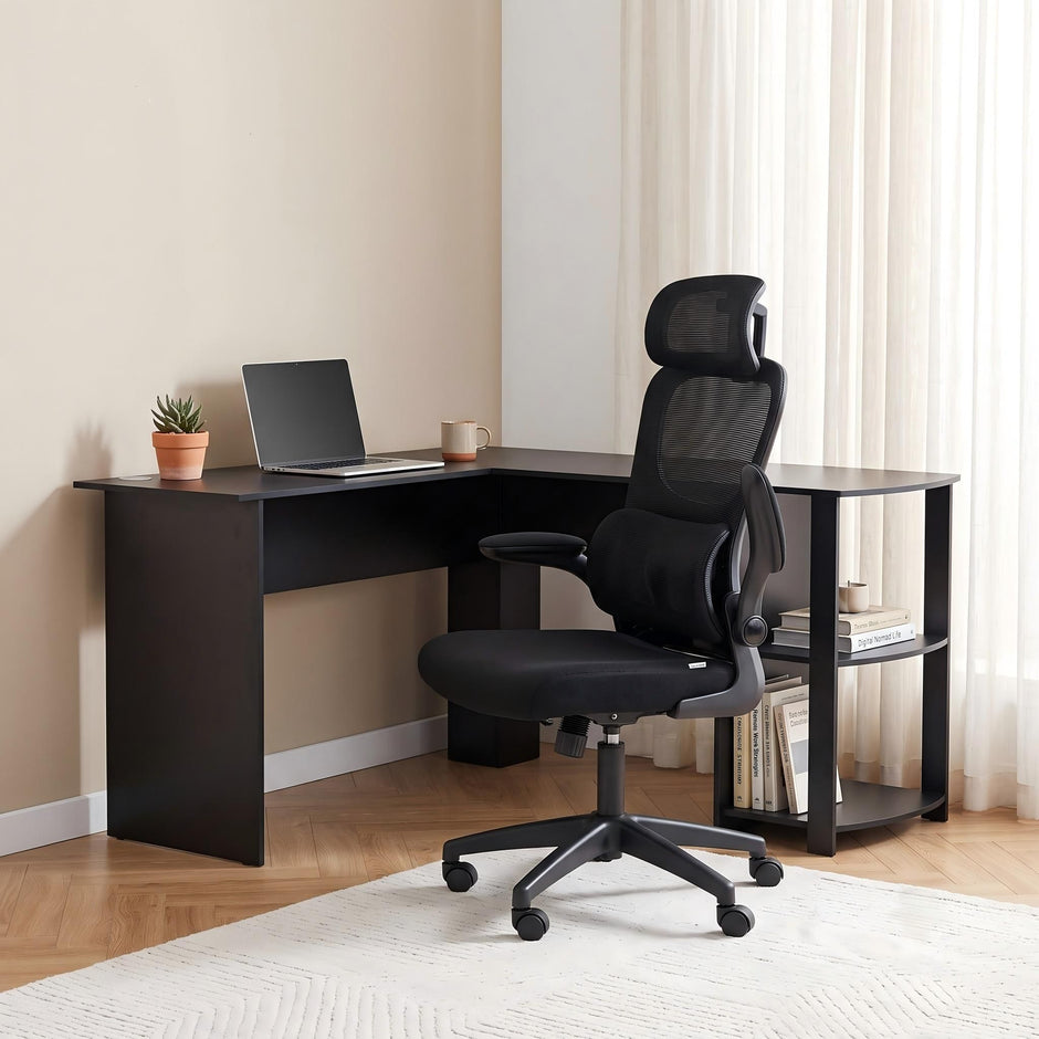 Artiss Office Desk and Chair Set L Shaped Computer Desk 136cm with 2 Tier Storage Shelves, Ergonomic Mesh Office Chair with Adjustable Headrest, Flip-Up Armrests & Lumbar Support